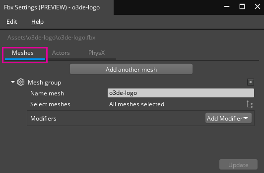 Scene Settings meshes tab.