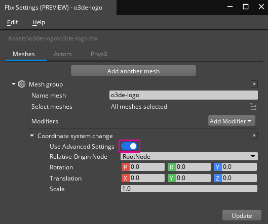 Scene Settings meshes Coordinate system change modifier, Use advanced settings.