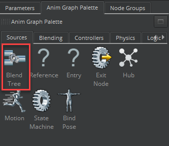 Add a Blend Tree node to the animation graph from the context menu or the Anim Graph Palette in the Animation Editor