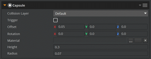 Set the Offset, Rotation, Height, and Radius properties for the collider on the Ragdoll tab in the Animation Editor