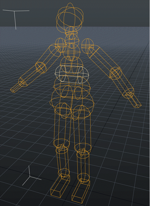 Example that shows how the collider for the second spine joint intersects with the first or third spine joint