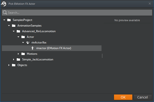 Select the actor for which you set up the ragdoll from the Pick EMotion FX Actor window in the Animation Editor