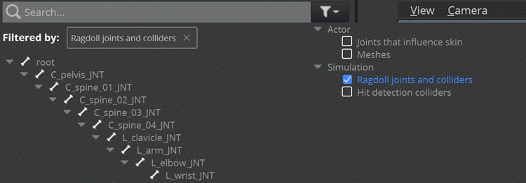 Use the Ragdoll joints and colliders filter to show only joints in the ragdoll in the Animation Editor