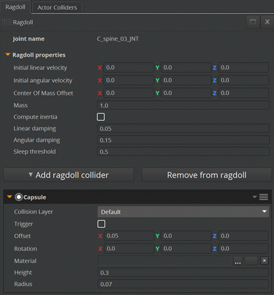 View and modify ragdoll properties for a selected joint on the Ragdoll tab in the Animation Editor