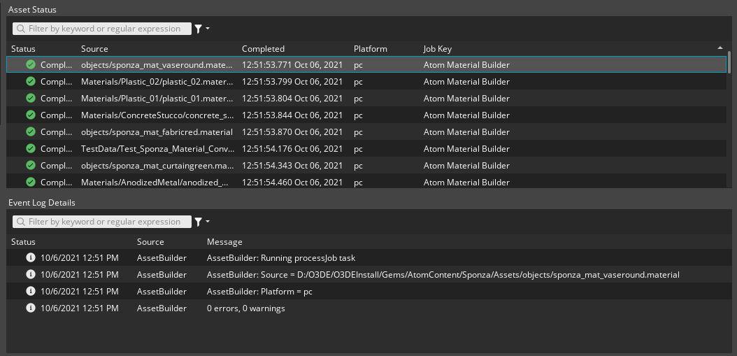 Asset Processor UI jobs tab
