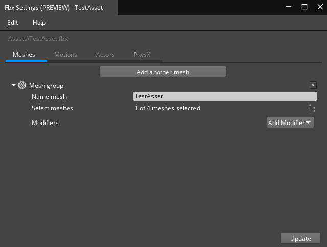 The Scene Settings Meshes tab.