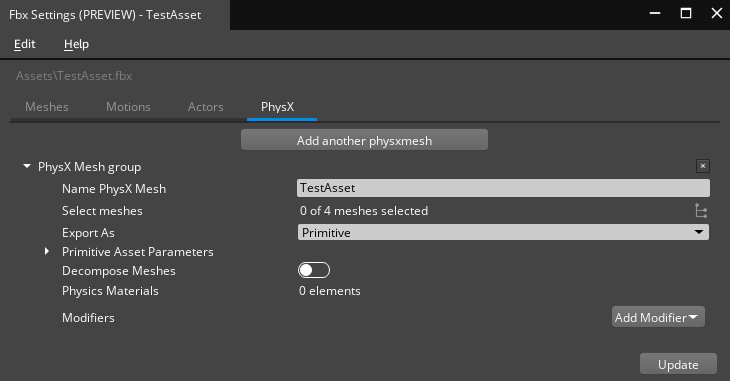 The Scene Settings PhysX tab properties.