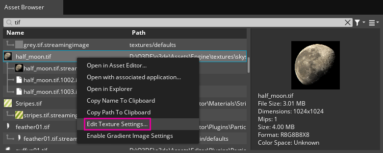 Right click an asset to open Texture Settings.