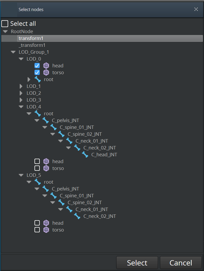 Skeleton created as an LOD group