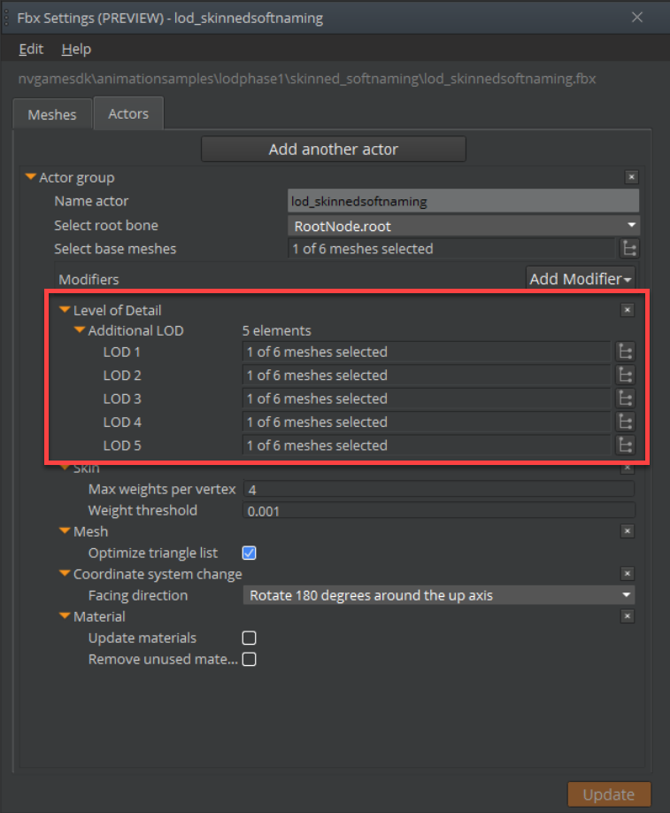 LOD entries in the FBX Settings tool