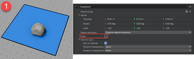 Navigation mesh goes through the boulder because Static is not selected on the boulder&rsquo;s Transform component