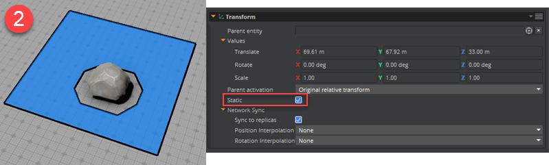 Navigation mesh creates an exclusion area around the boulder, because Static is selected on the boulder&rsquo;s Transform component