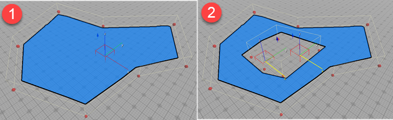 Navigation Area component, when marked as an exclusion, subtracts or creates a hole or non-traversable area in the navigation mesh
