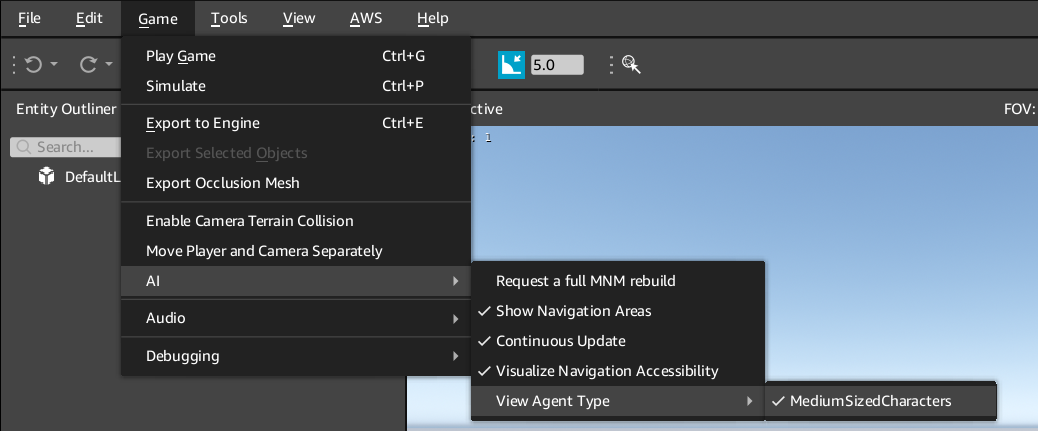 Enable Show Navigation Areas, View Agent Type, and Continuous Update in O3DE Editor.