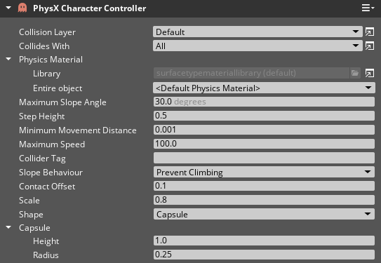 PhysX Character Controller component properties in the Entity Inspector.