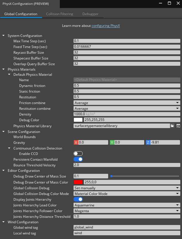 PhysX Global Configuration tab