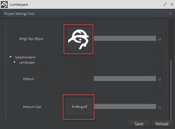 The Project Settings Tool displays image previews for image settings, such as for Splashscreens and Icons.