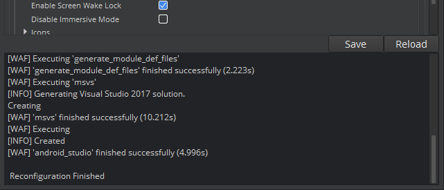 The Project Settings Tool displays a successful configure and shows &ldquo;Reconfiguration Finished.