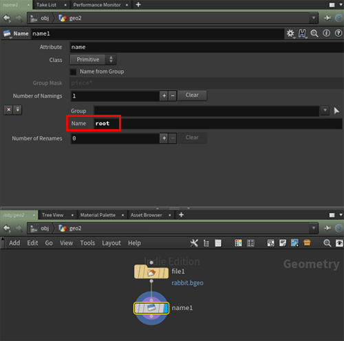 Add a Name SOP in Houdini.