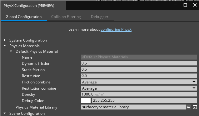 PhysX Configuration, default physics material.