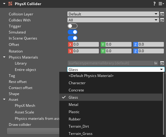PhysX Collider, setting the physics materials.