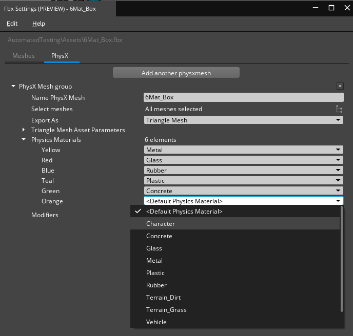 PhysX Collider, per face physics materials.
