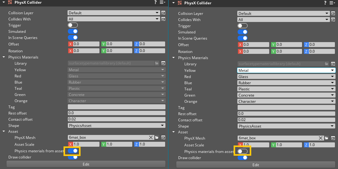 PhysX Collider, per face physics materials.