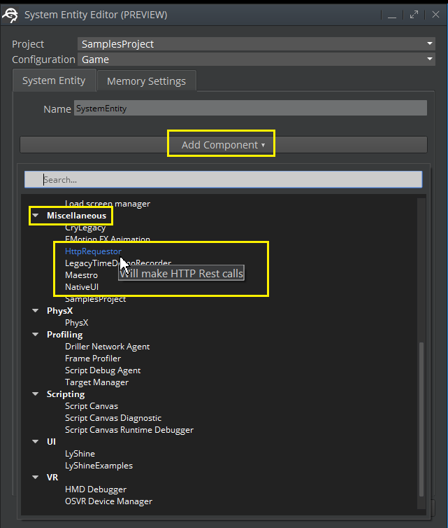 The HttpRequestor system component appears in the System Entity Editor Add Component menu
