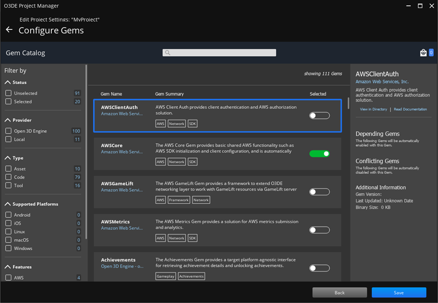 Configure Gems screen.
