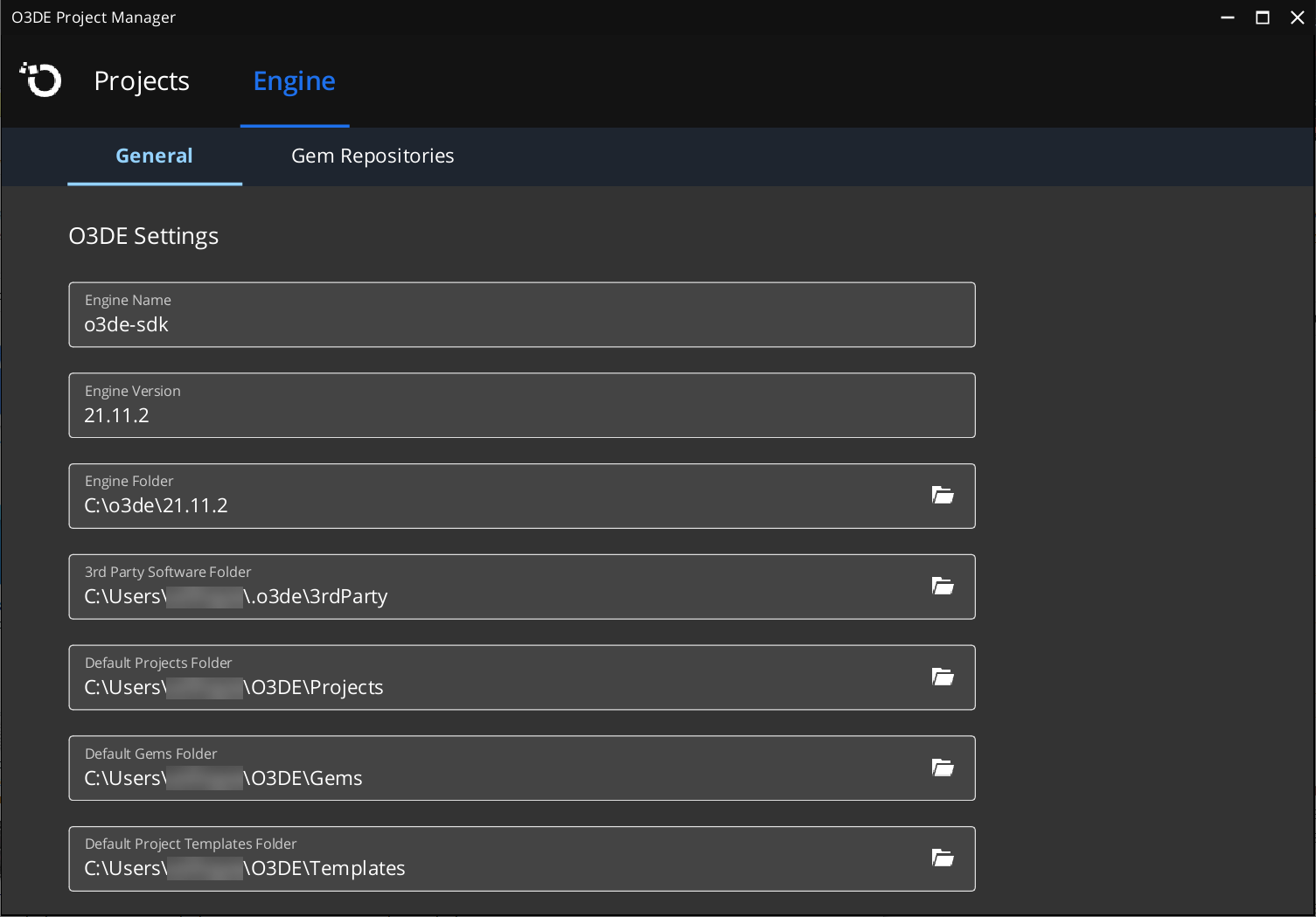 Engine tab with default values